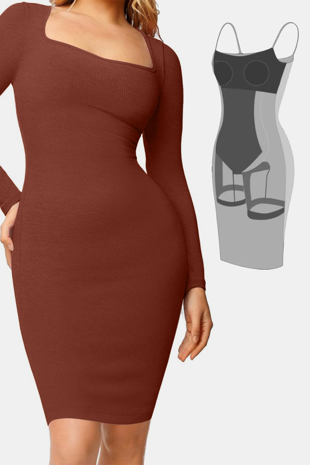 Basic Bae Shapewear Square Neck Long Sleeve Dress