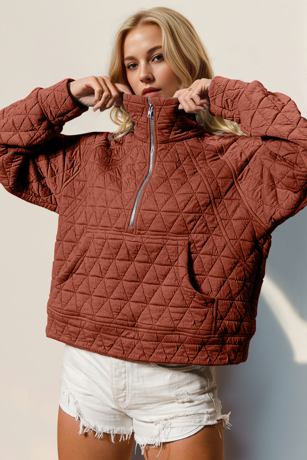 Double Take Quilted Sweatshirt with Pocket