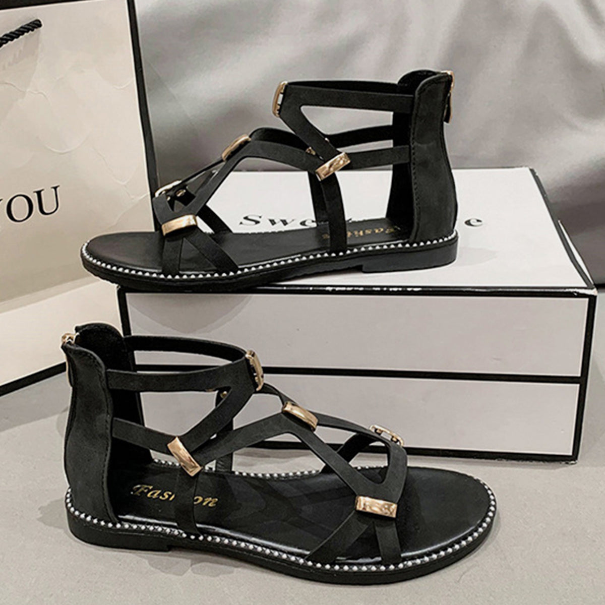 Women's Open Toe Back Zipper Flat Sandals