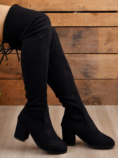 Round Toe Block Heel Knee High Boots