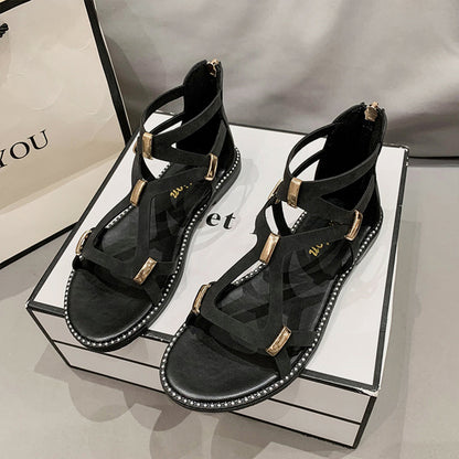 Women's Open Toe Back Zipper Flat Sandals