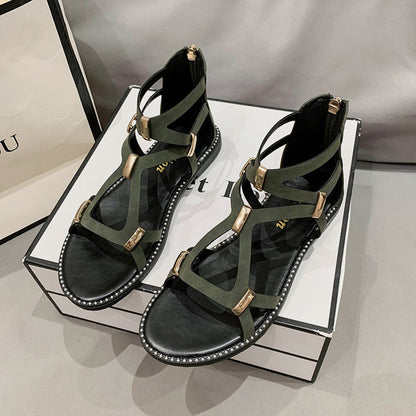 Women's Open Toe Back Zipper Flat Sandals