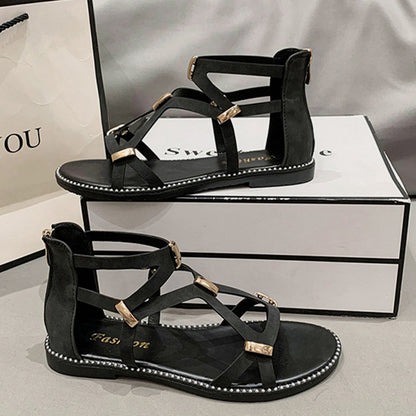 Women's Open Toe Back Zipper Flat Sandals