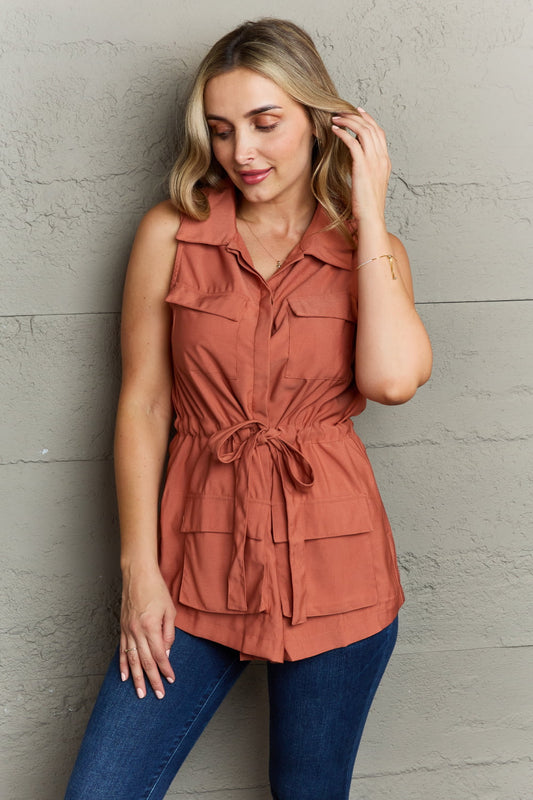 Ninexis Sleeveless Collared Button Down Top in Brick Red