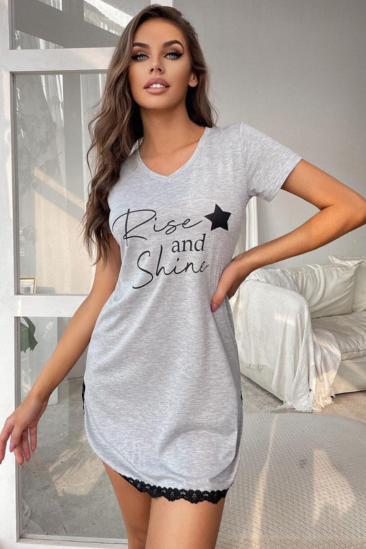 RISE AND SHINE Contrast Lace V-Neck T-Shirt Pajama Dress